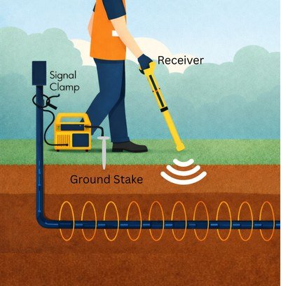 Diagram showing a signal clamp energising a buried pipe and a handheld receiver tracing the signal above ground