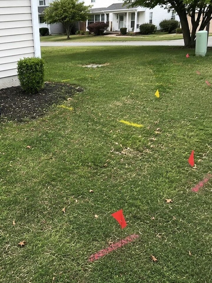 Utility flag and marking paint showing a located line