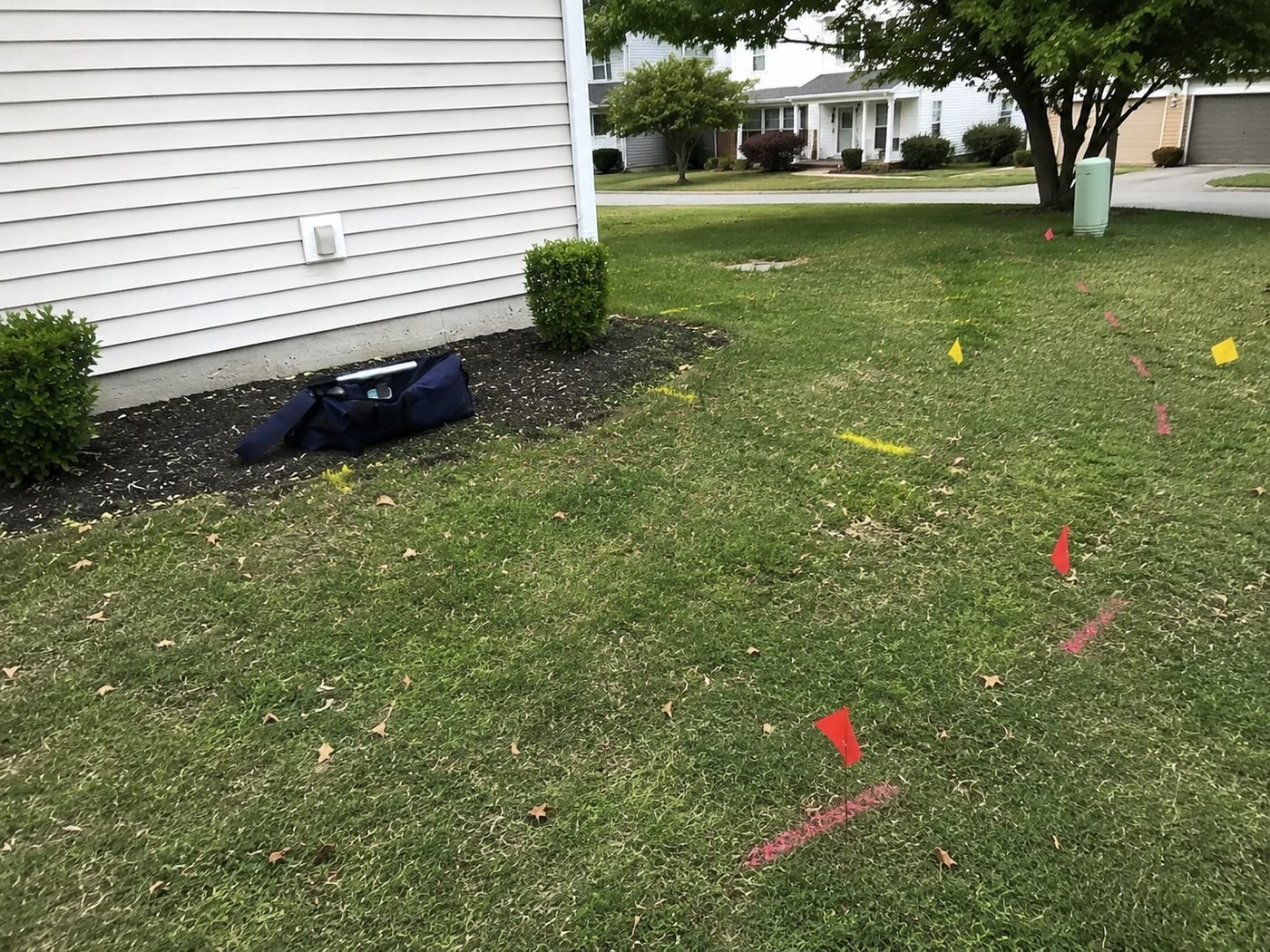 Red, yellow and pink flags with marking paint tracing utility lines across a residential yard