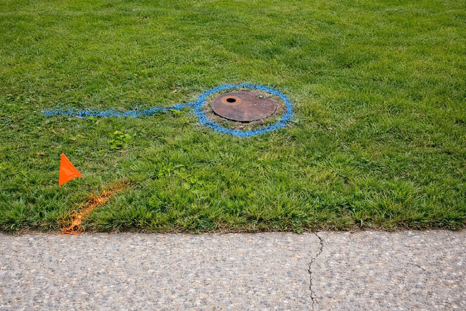 Blue water main marked around a utility lid with an orange telecom line and flag alongside
